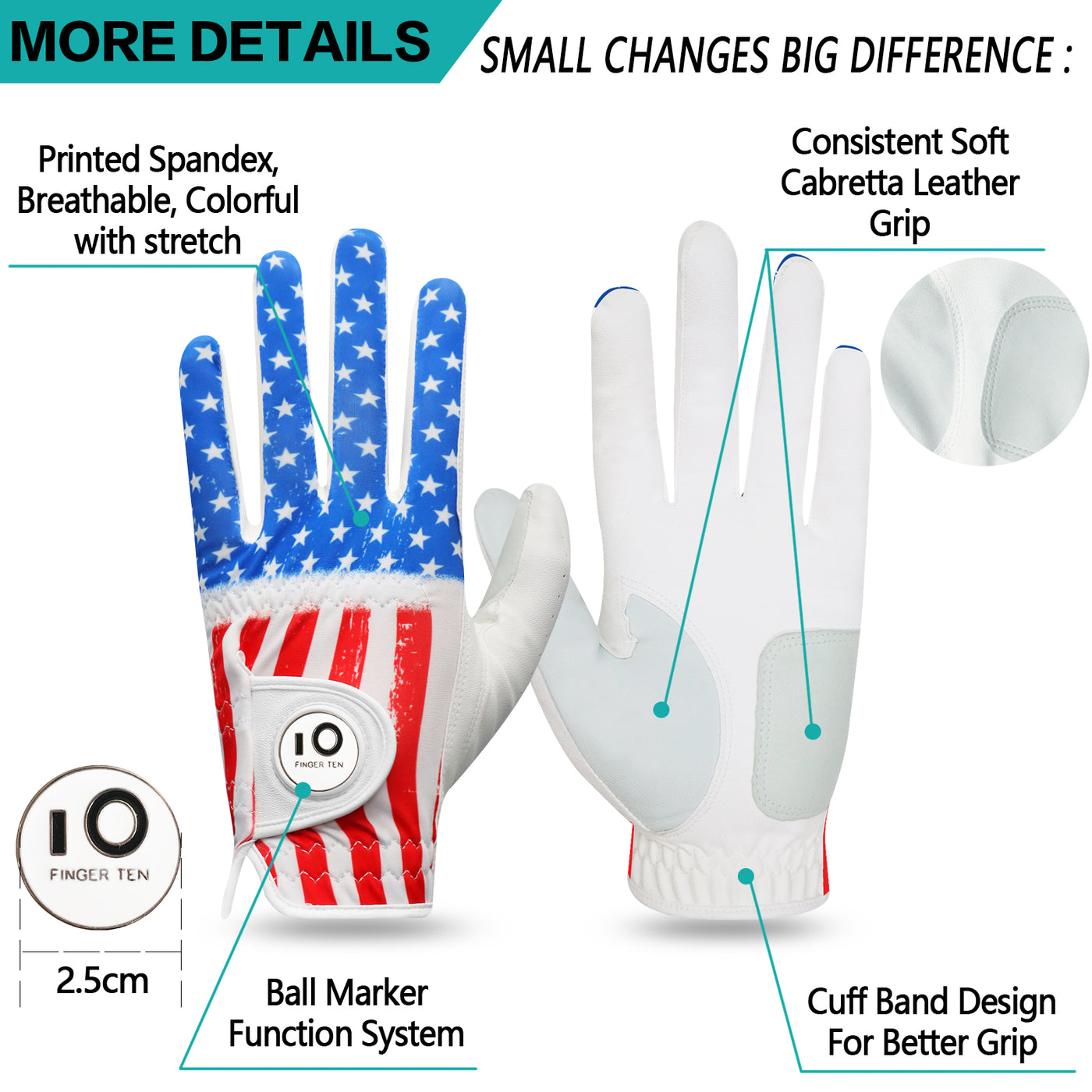 Lot de 2 gants de golf en cuir pour homme avec drapeau américain 