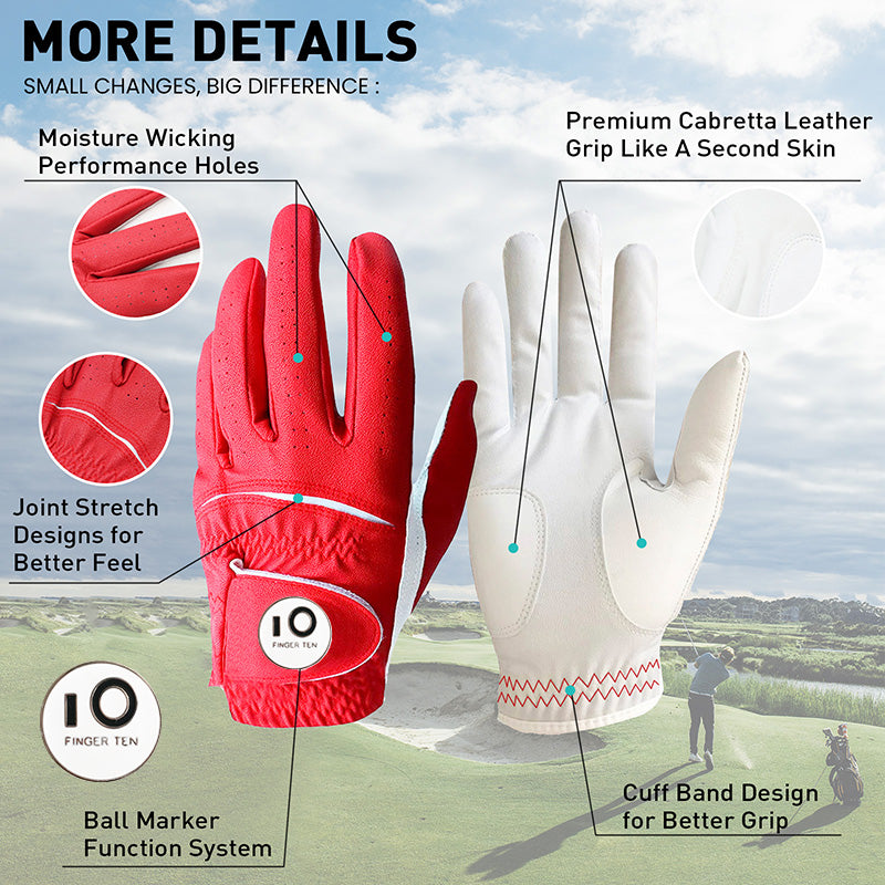 Golf Gloves Men Colourful Leather with Ball Marker 2 Pack