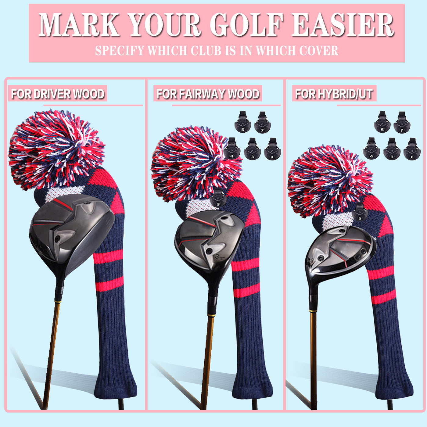 Knit Golf Head Covers Driver Fairway Woods Hybrid 1 Pack