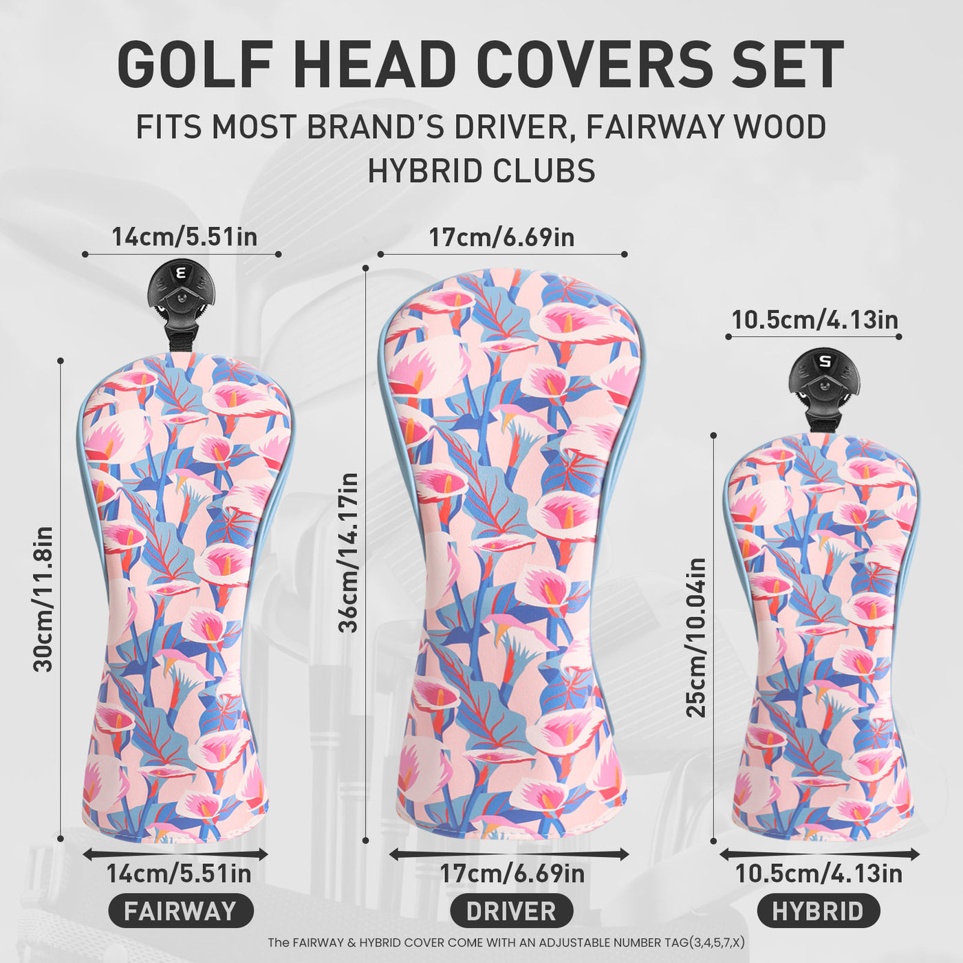 Golf Club Head Covers for Woods Driver Fairway Hybrid Pink Calla 3 Pack Set