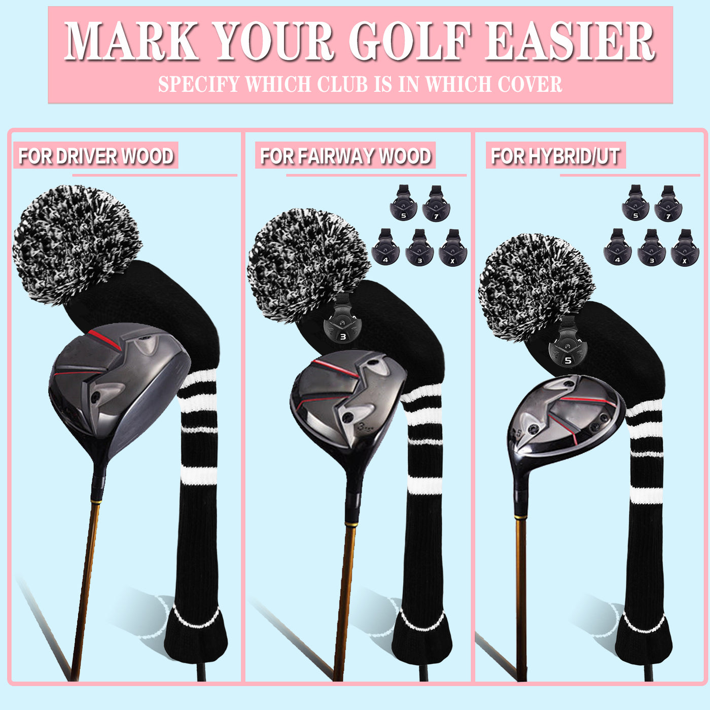 Golf Knit Head Covers Driver Fairway Woods Hybrid 3 Pack