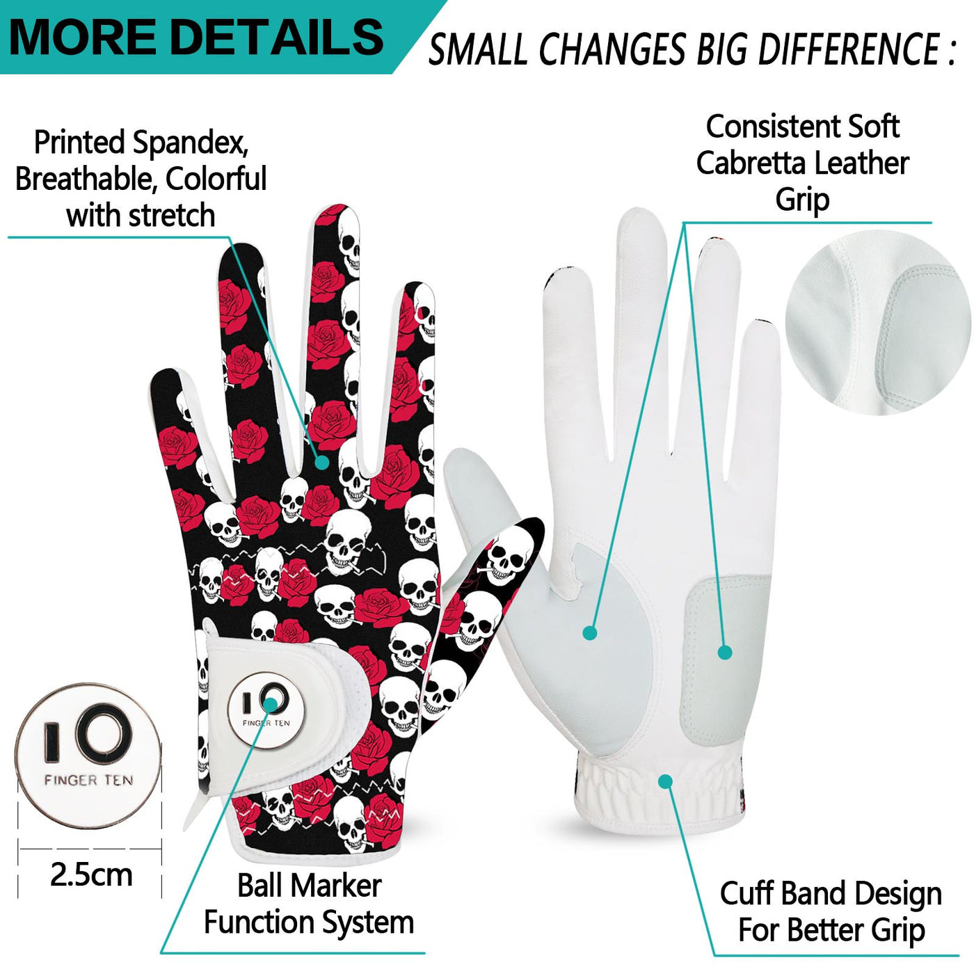 Men's Golf Gloves Rose Skull All Weather Grip Value 2 Pack