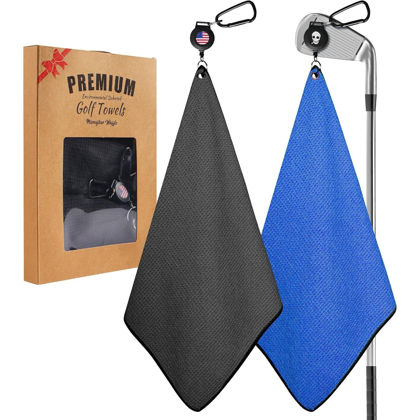 Golf Towels 2 Pack 16''X16'' with Strong Magnetic Retractable Carabiner