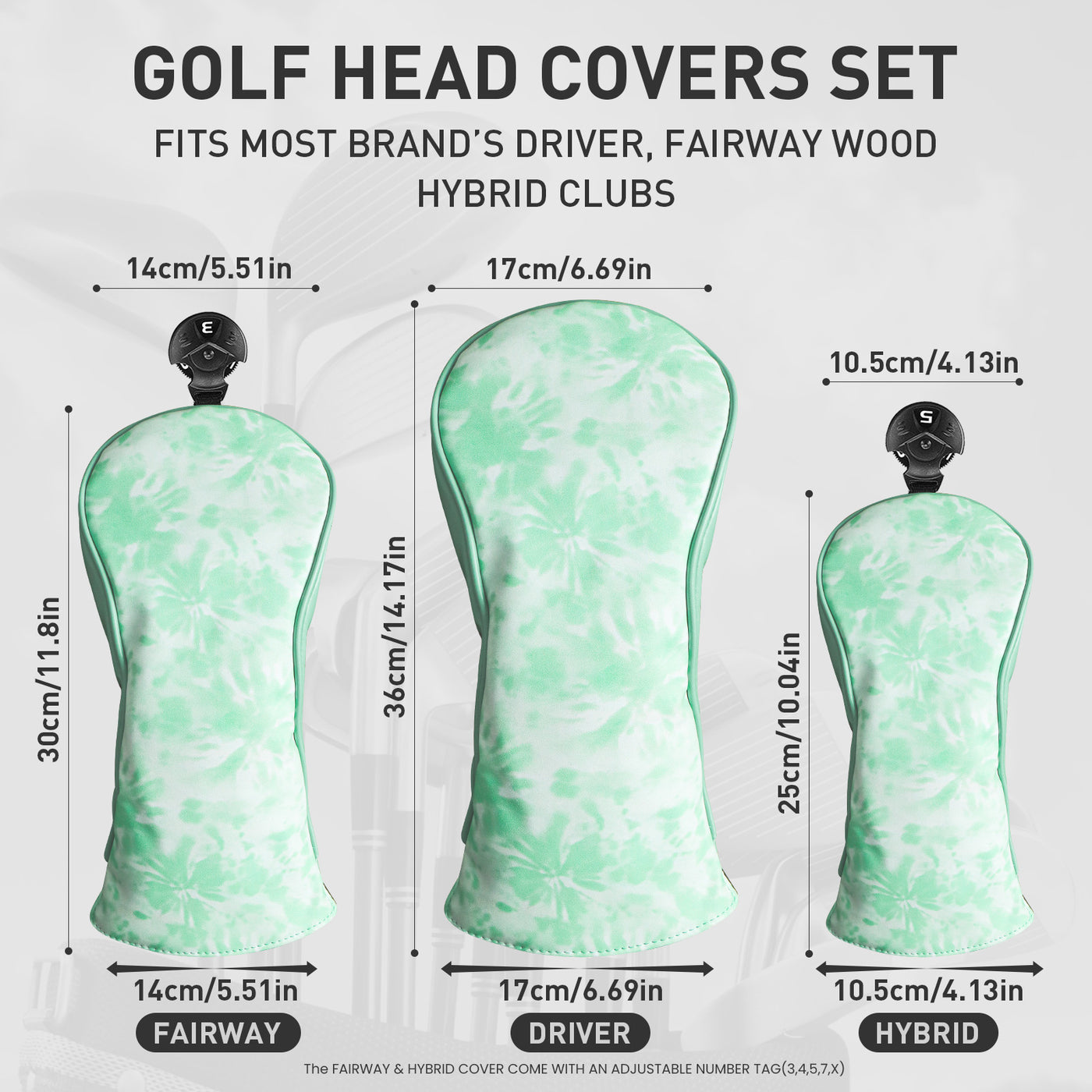 Golf Club Head Covers for Woods Driver Fairway Hybrid Pale Green 3 Pack Set