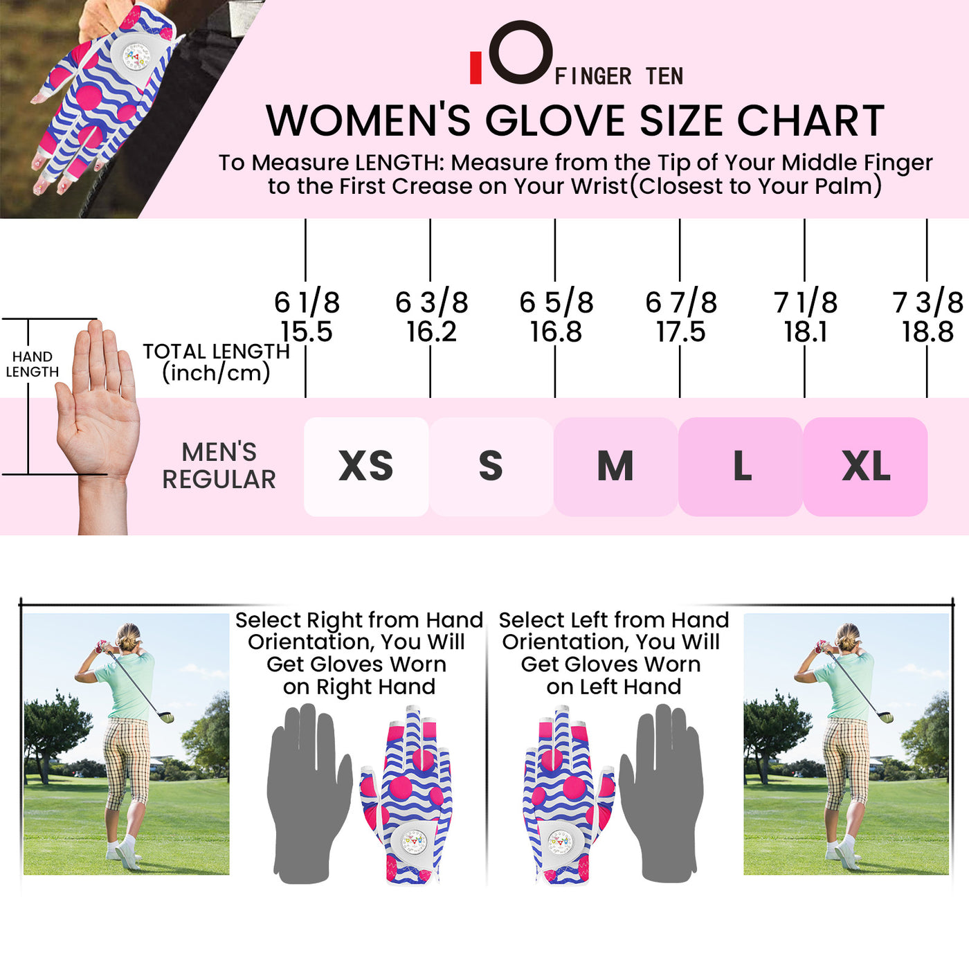 Golf Gloves Women Blue Pink Half Finger 1 Pack