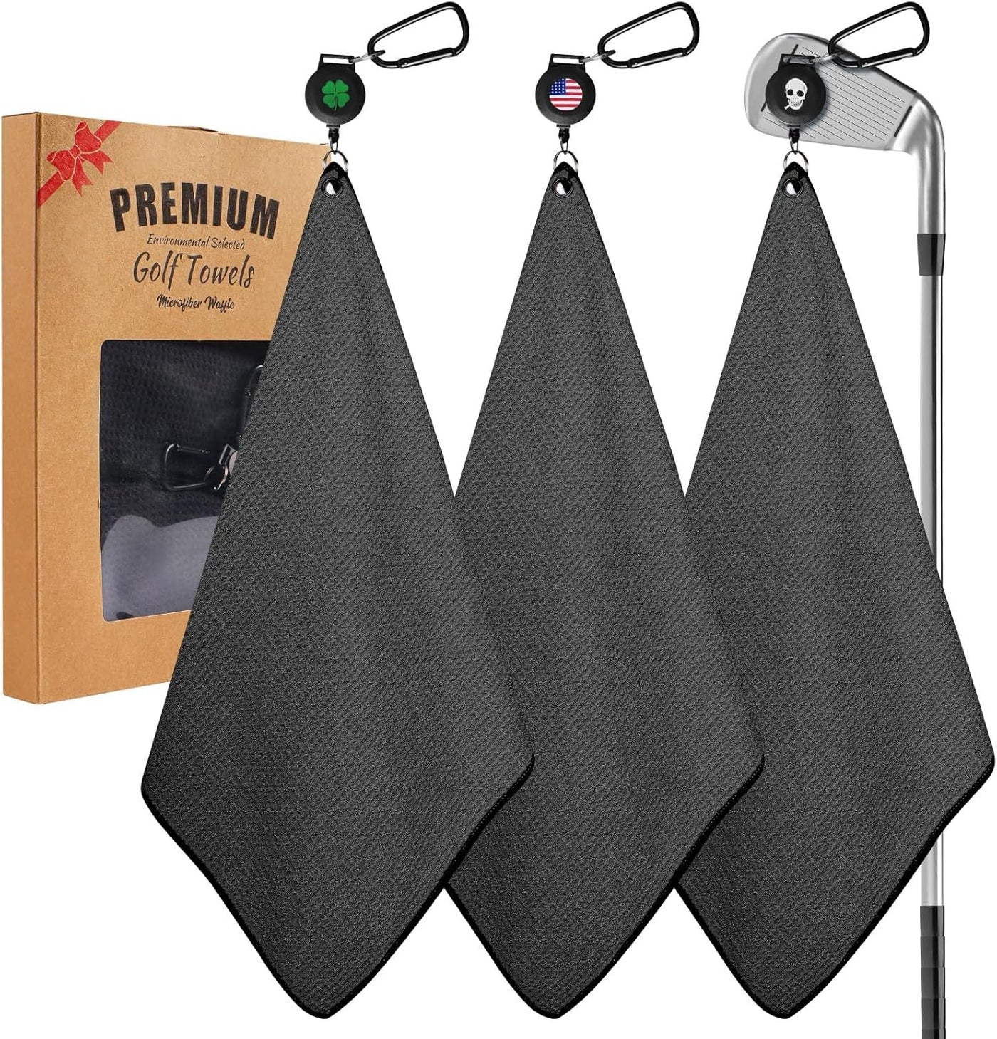 Golf Towels 3 Pack 16''X16'' with Strong Magnetic Retractable Carabiner