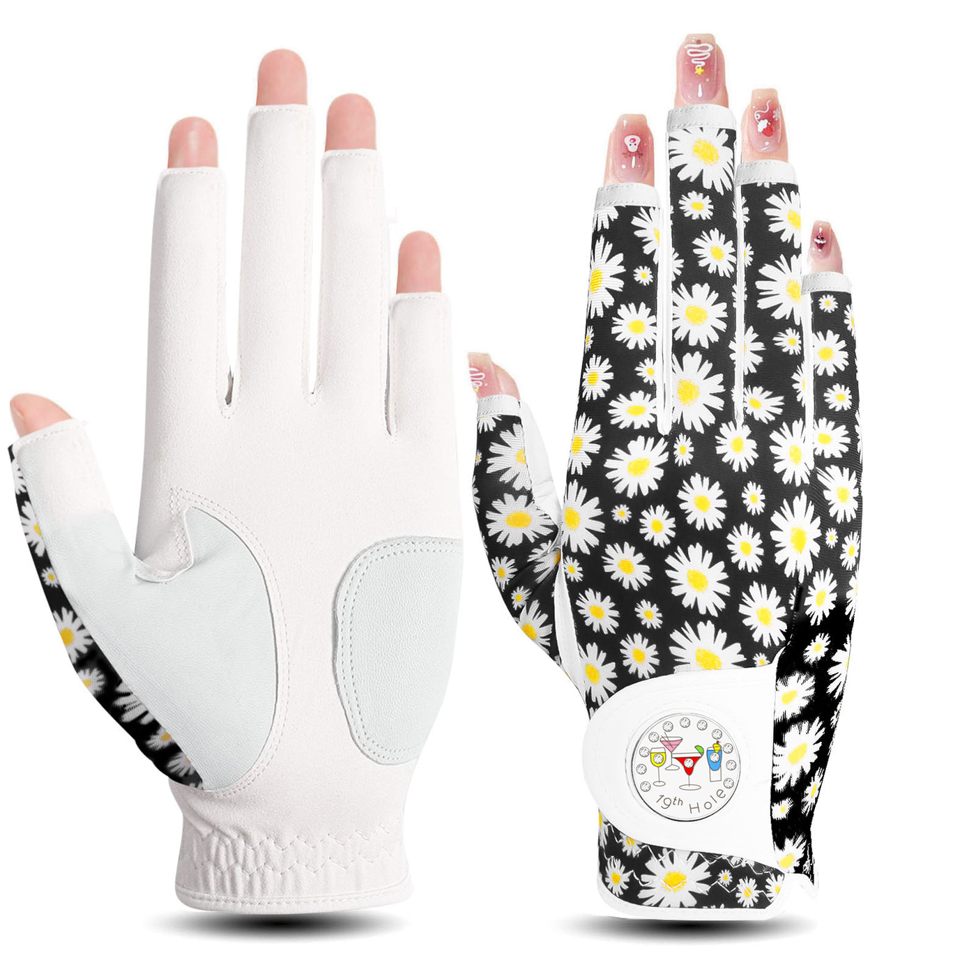 Gants de golf pour femmes Little Daisy demi-doigts en cuir avec marqueur de balle 1 paquet 