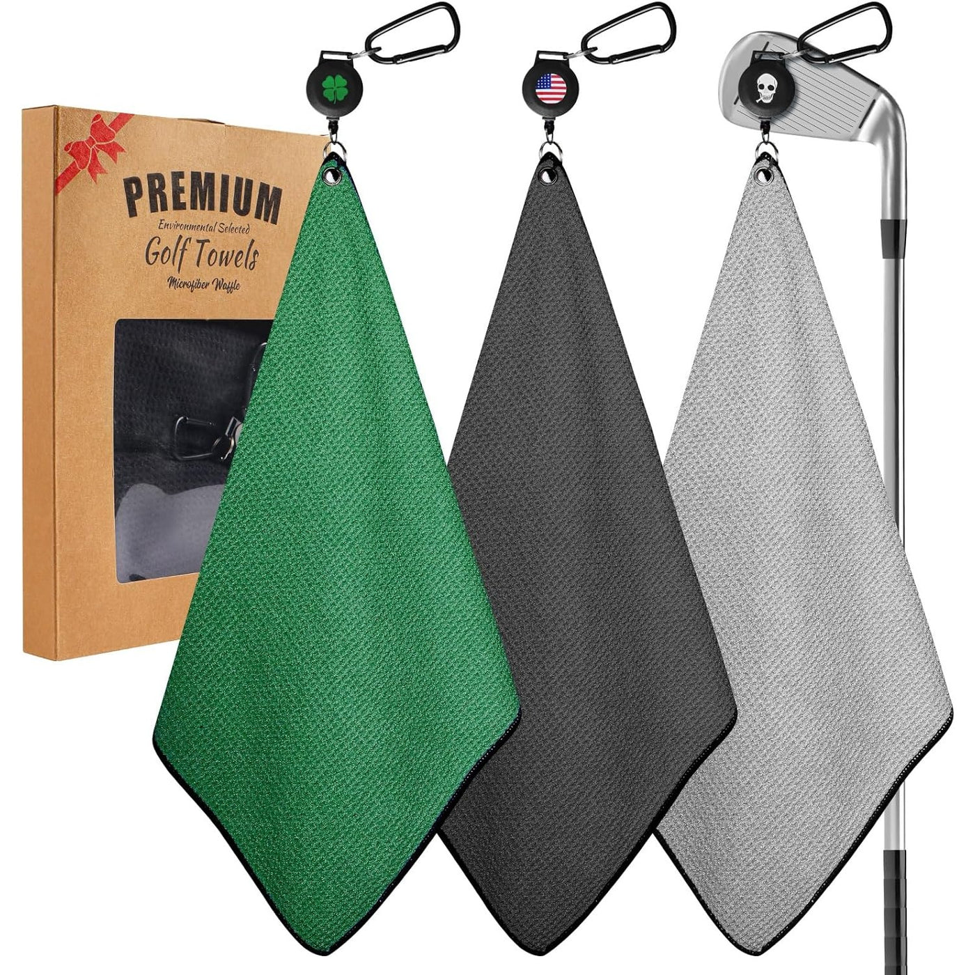 Golf Towels 3 Pack 16''X16'' with Strong Magnetic Retractable Carabiner