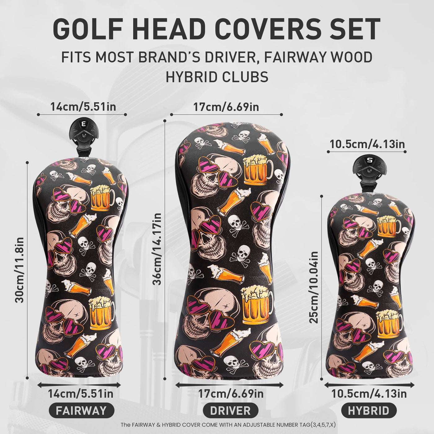 Golf Club Head Covers for Woods Driver Fairway Hybrid Beer Skull 3 Pack Set