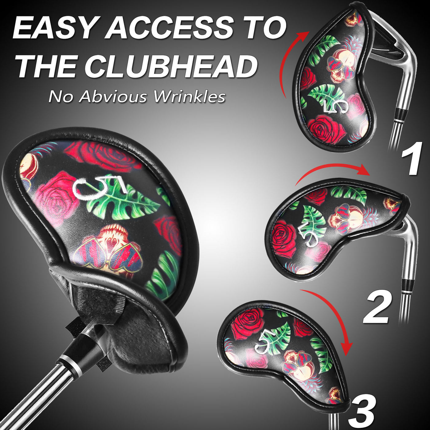 Golf Iron Head Covers 12 Piece Set Rose Skull Universal Fit