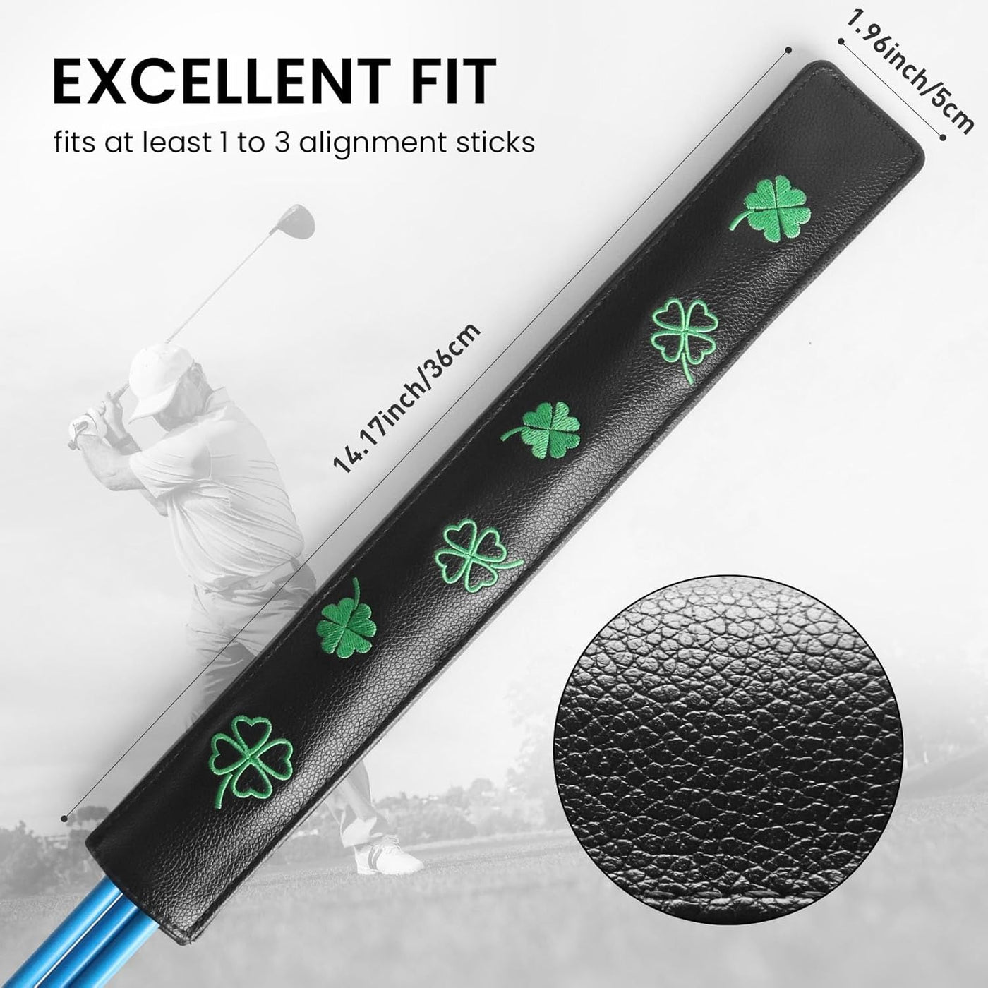 Golf Alignment Stick Cover Rods Holder Case Leather Lucky Clover 1 Pack