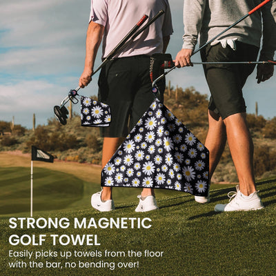 Golf Towels Daisy Value 2 Pack 21"x16" and 12"x8" Set with Strong Magnetic Retractable Carabiner