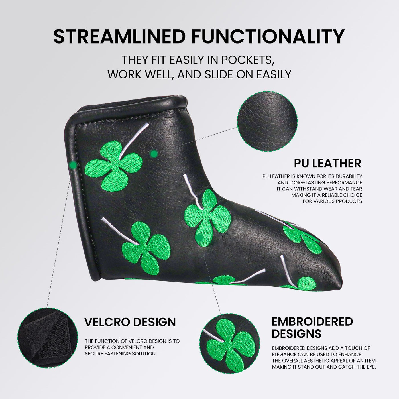 Wasserdichter Schutz Golf Putter Covers Lucky Clover Passend für die meisten Blade Putter 