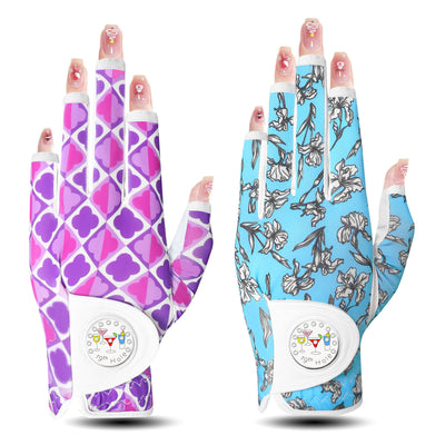 Lot de 2 gants de golf pour femme, demi-doigts, avec marqueur de balle, bleu et violet 