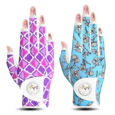 Lot de 2 gants de golf pour femme, demi-doigts, avec marqueur de balle, bleu et violet 