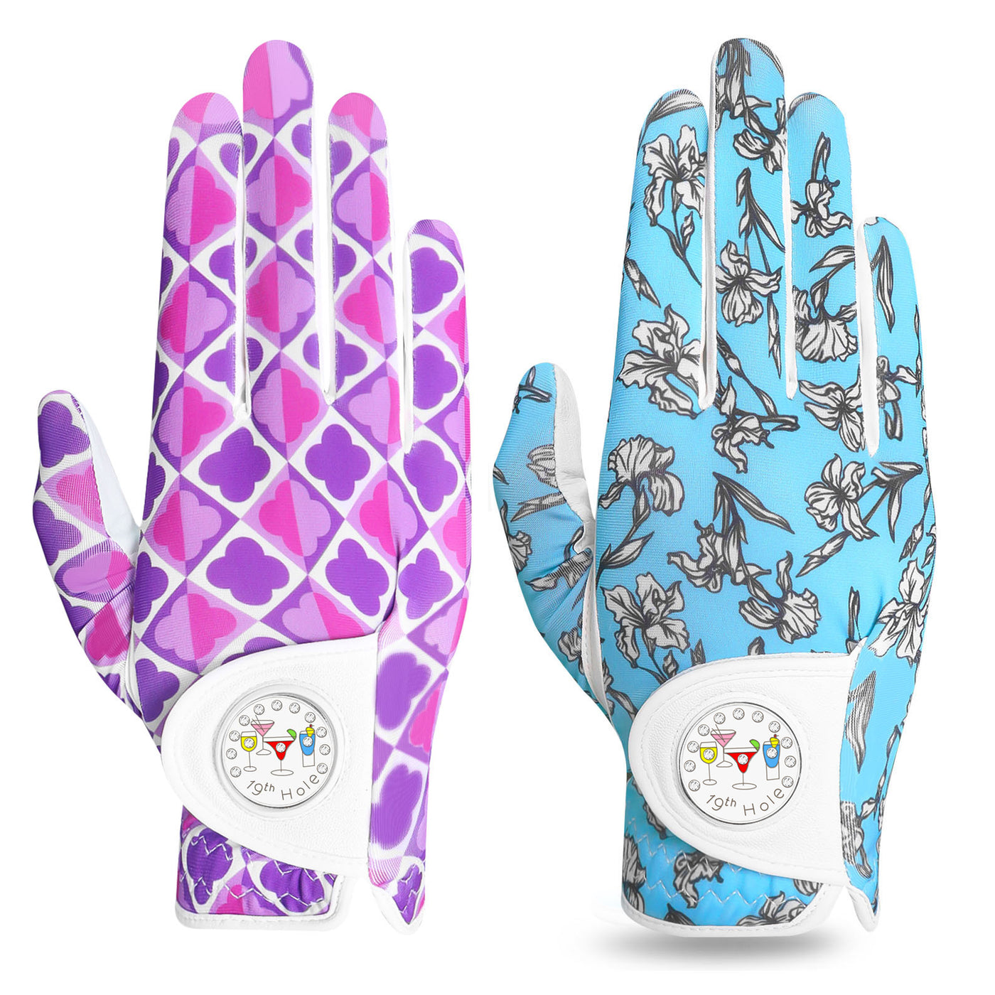 Lot de 2 gants de golf pour femme, doigts complets, avec marqueur de balle, bleu et violet 