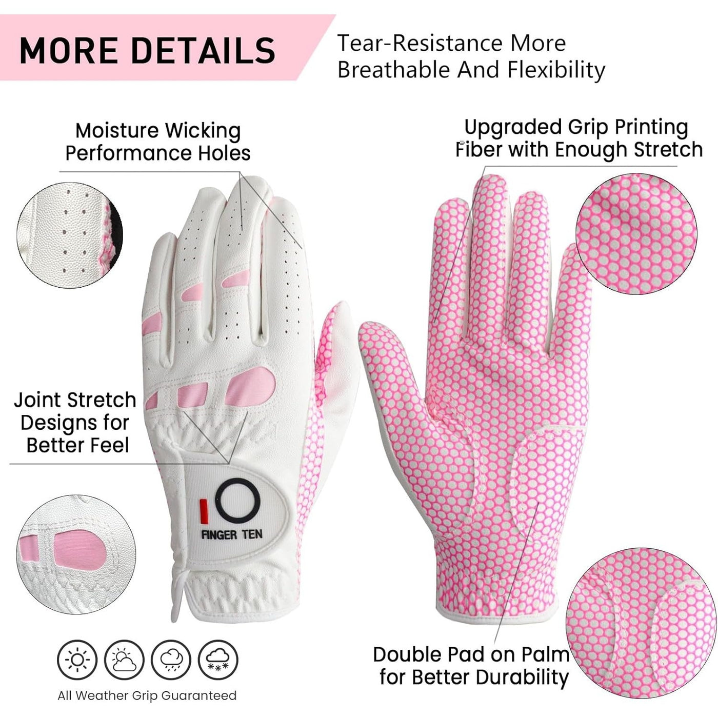 Damen-Golfhandschuhe, Allwetter, Extra Grip, Grün/Pink, Combo, 6er-Pack