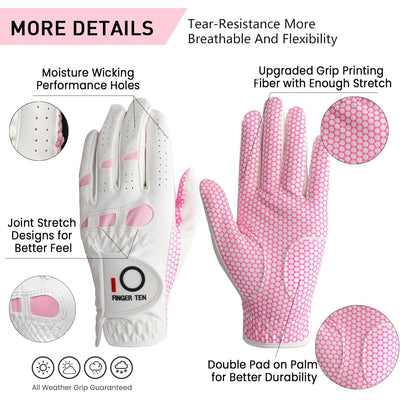 Lot de 6 gants de golf pour femme, toutes saisons, extra adhérents, vert et rose