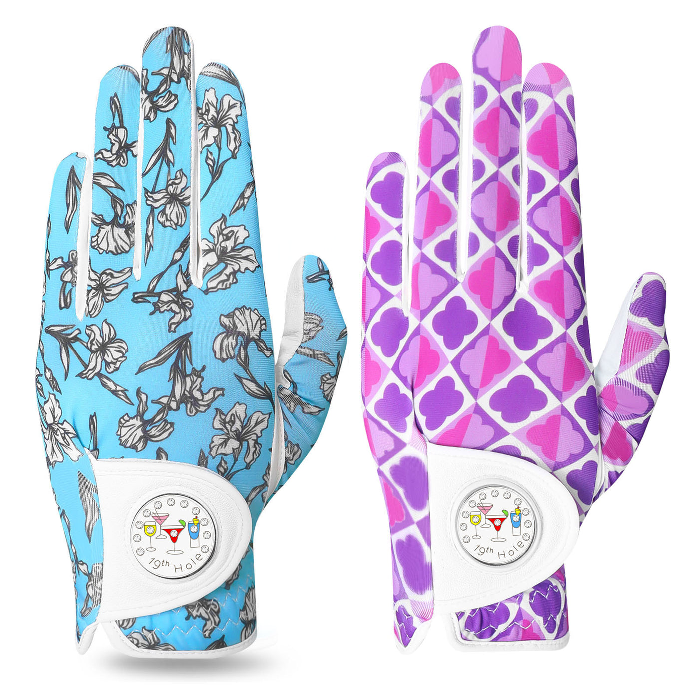 Lot de 2 gants de golf pour femme, doigts complets, avec marqueur de balle, bleu et violet 