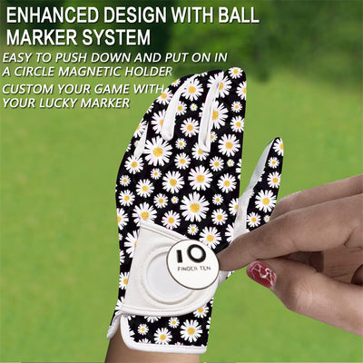 Golf Gloves Women Little Daisy Full Finger Leather with Ball Marker 1 Pack
