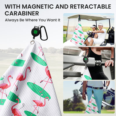 Golf Towels Flamingo Value 2 Pack 21"x16" and 12"x8" Set with Strong Magnetic Retractable Carabiner