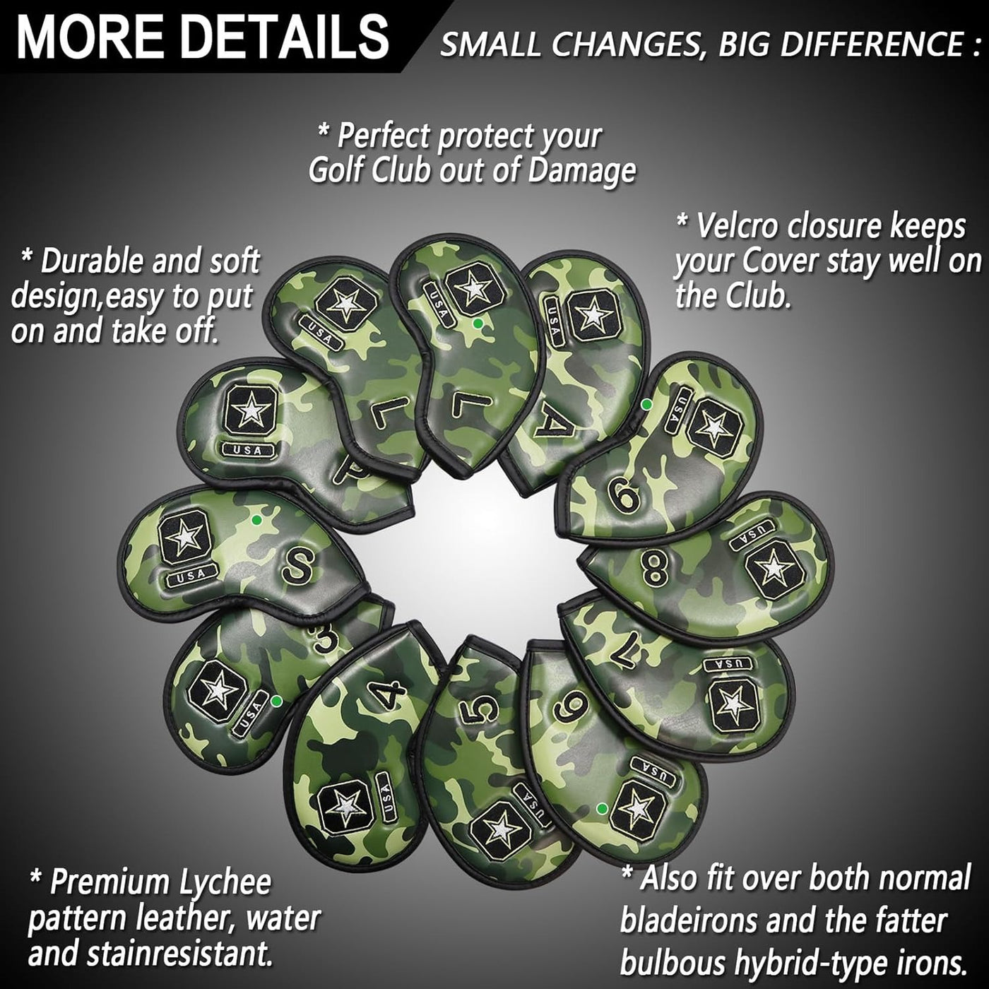 Golf Iron Head Covers Value 12 Piece Set Forest Camo Universal Fit