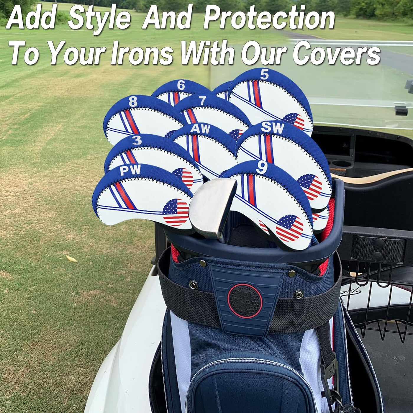 Golf Iron Covers Set Neoprene without Window Top 10 Pack USA Flag