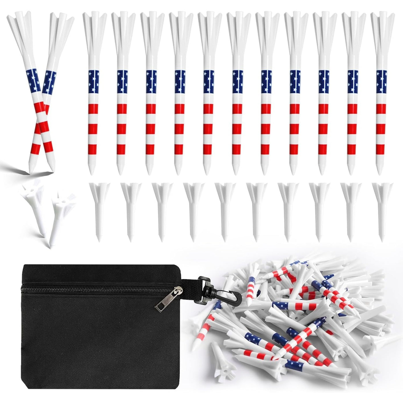 Tees de golf en plastique avec drapeau américain, 60 tees longs de 3 1/4 pouces et 40 tees courts supplémentaires de 1 1/2 pouce avec pochette pour sac de tees de golf 