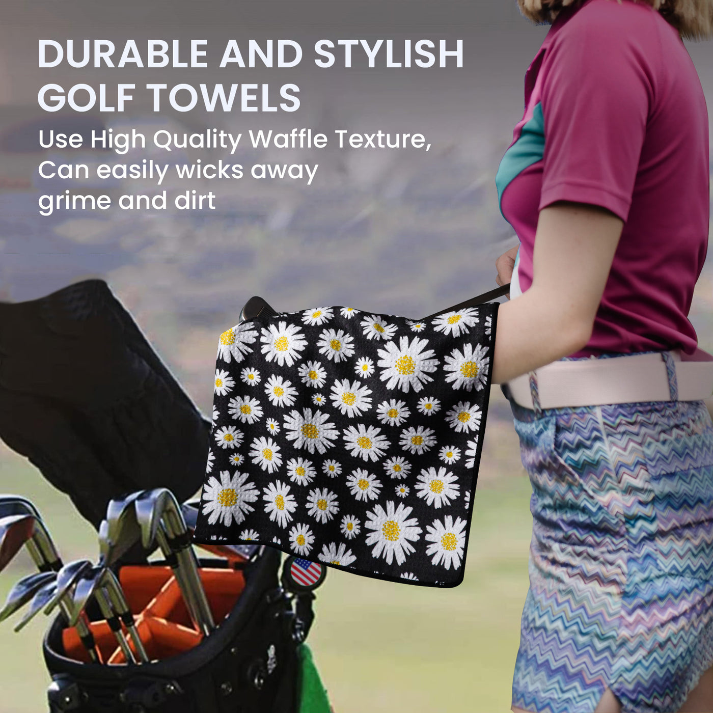 Golf Towels Daisy Value 2 Pack 21"x16" and 12"x8" Set with Strong Magnetic Retractable Carabiner