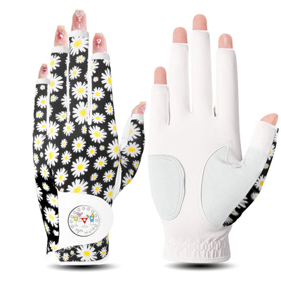 Gants de golf pour femmes Little Daisy demi-doigts en cuir avec marqueur de balle 1 paquet 