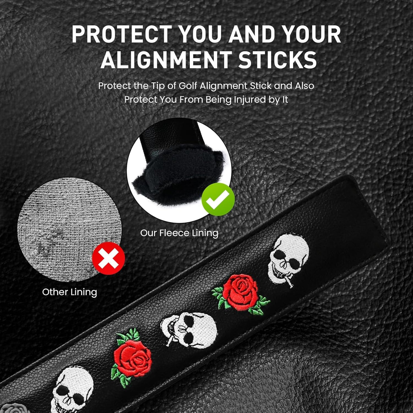 Golf Alignment Stick Cover Rods Holder Case Leather Skull Rose 1 Pack