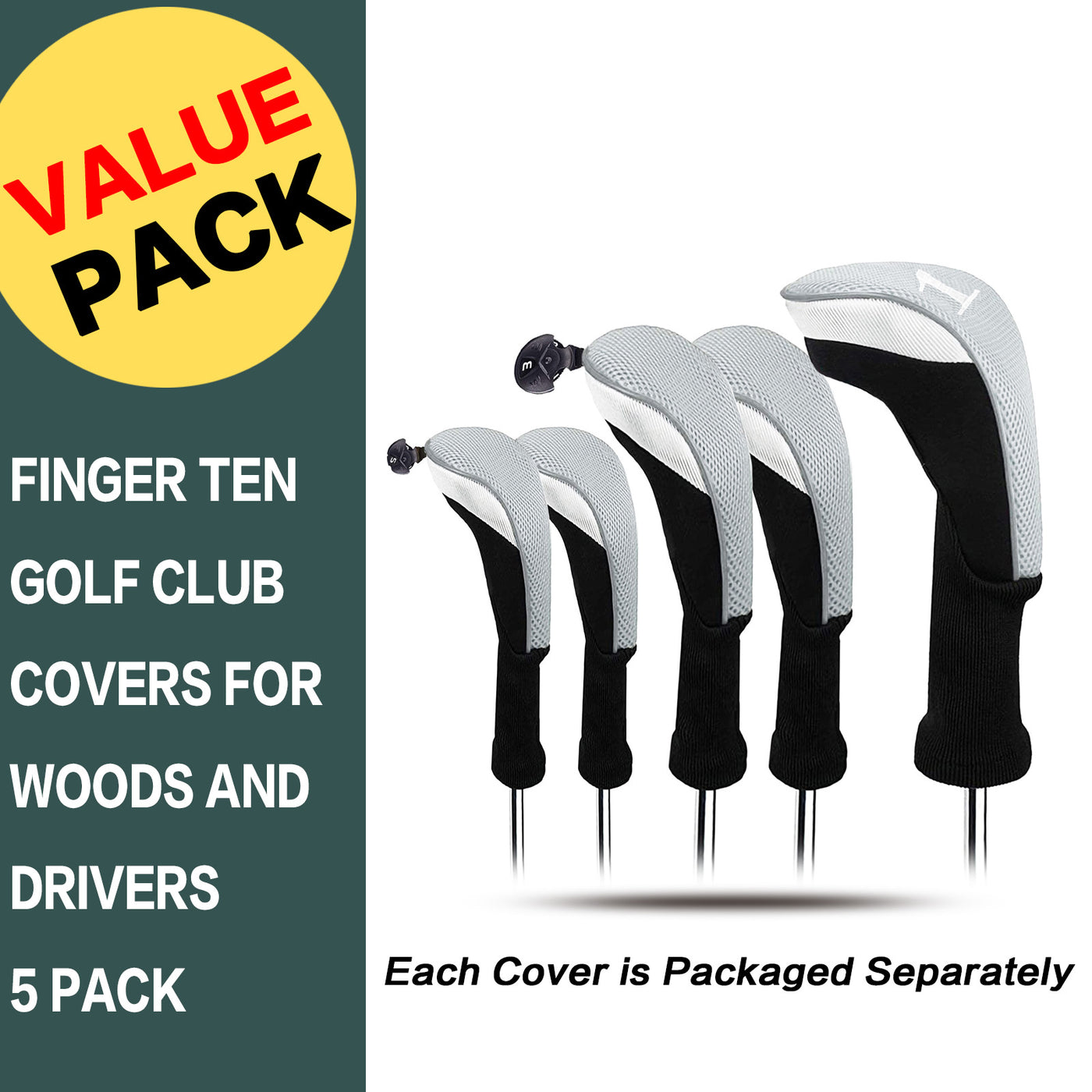 Lot de 5 housses de protection pour tête de club de golf Woods Driver Fairway Hybrid