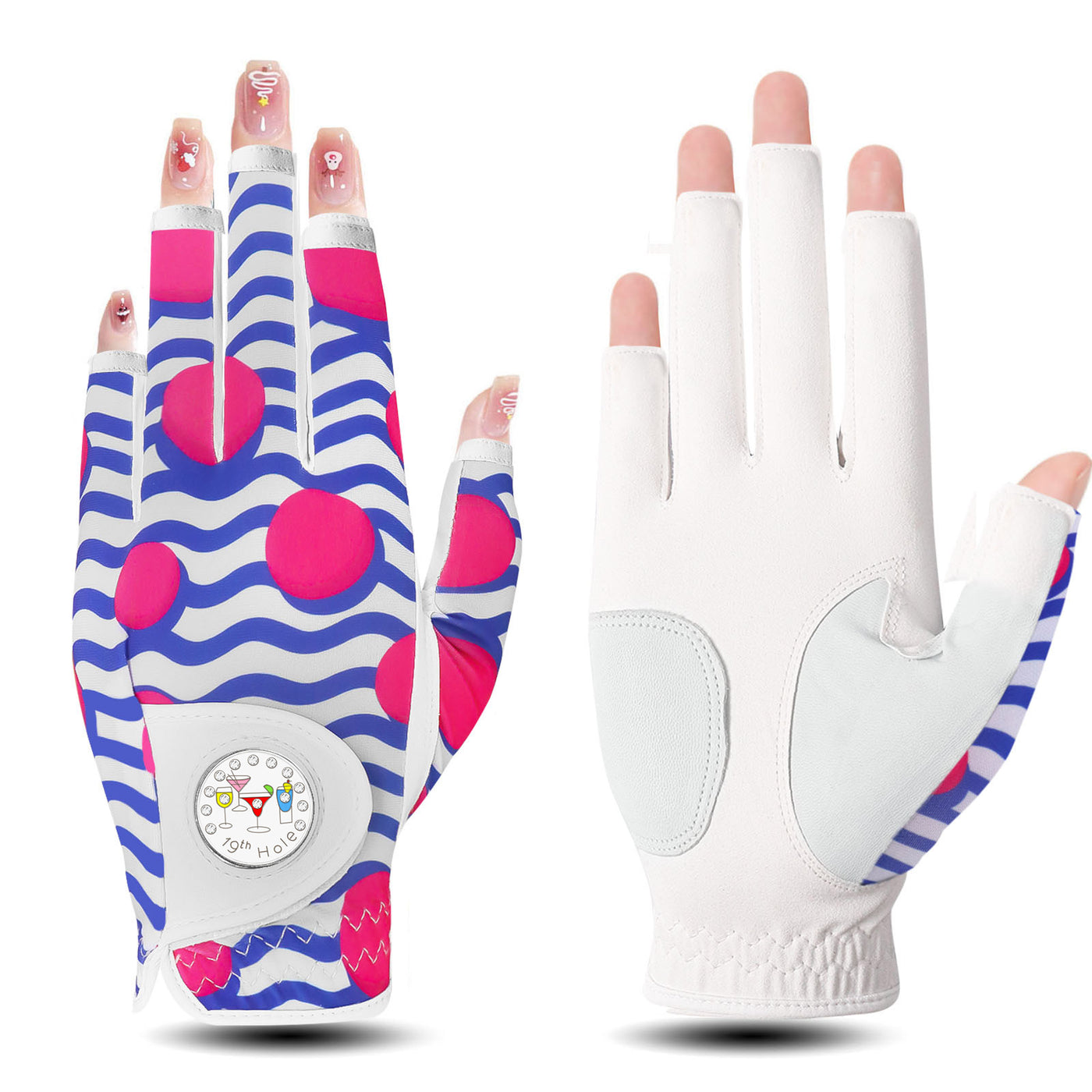 1 Pack Golf Handschuhe Frauen Blau Rosa Halbfinger Leder mit Ball Marker