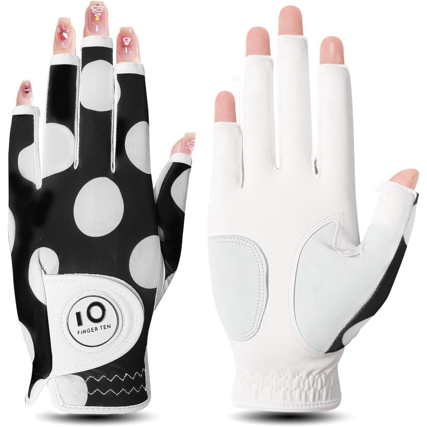 1 lot de gants de golf pour femme en cuir à demi-doigts avec marqueur de balle