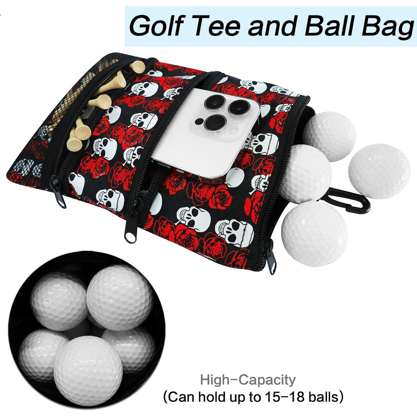 Golf Pouch Bag for Valuables Tee Color Zippered Pocket Gear Clip Hook to Bag