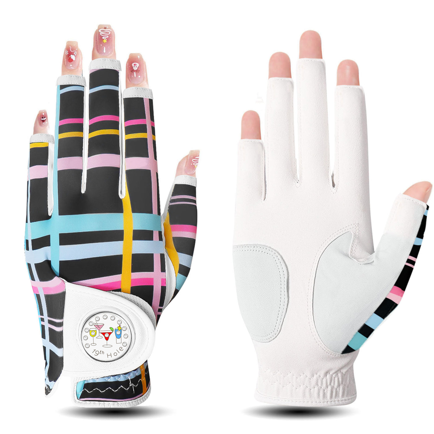 1 lot de gants de golf pour femme à rayures colorées, demi-doigts en cuir avec marqueur de balle