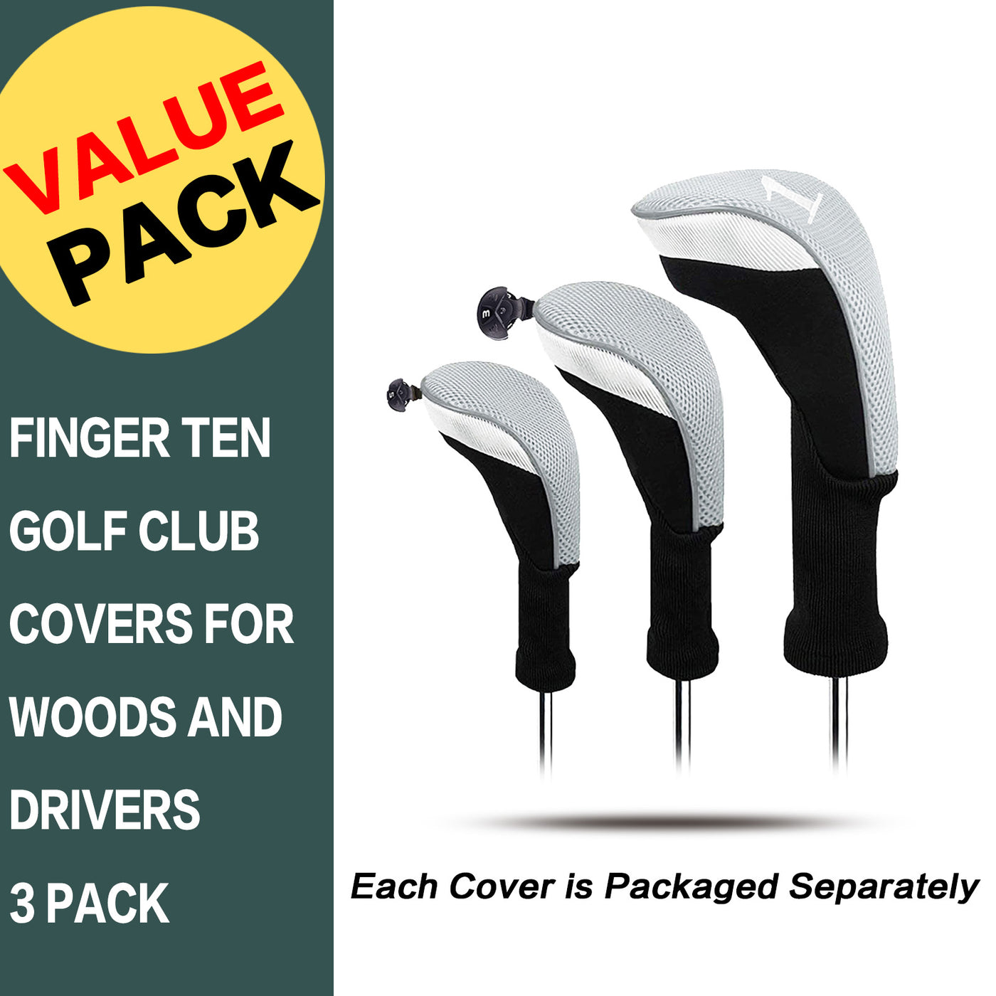 Golf Club Head Covers for Woods Driver Fairway Hybrid Value 3 Pack