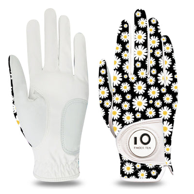 Golf Gloves Women Little Daisy Full Finger Leather with Ball Marker 1 Pack