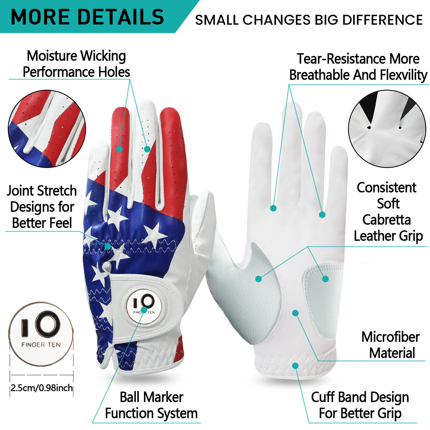 Lot de 2 gants de golf pour homme avec drapeau américain Weathersof Grip et marqueur de balle