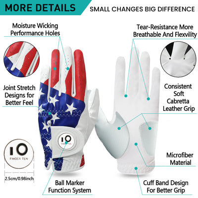 Golf Gloves Men USA Flag Weathersof Grip with Ball Marker 2 Pack