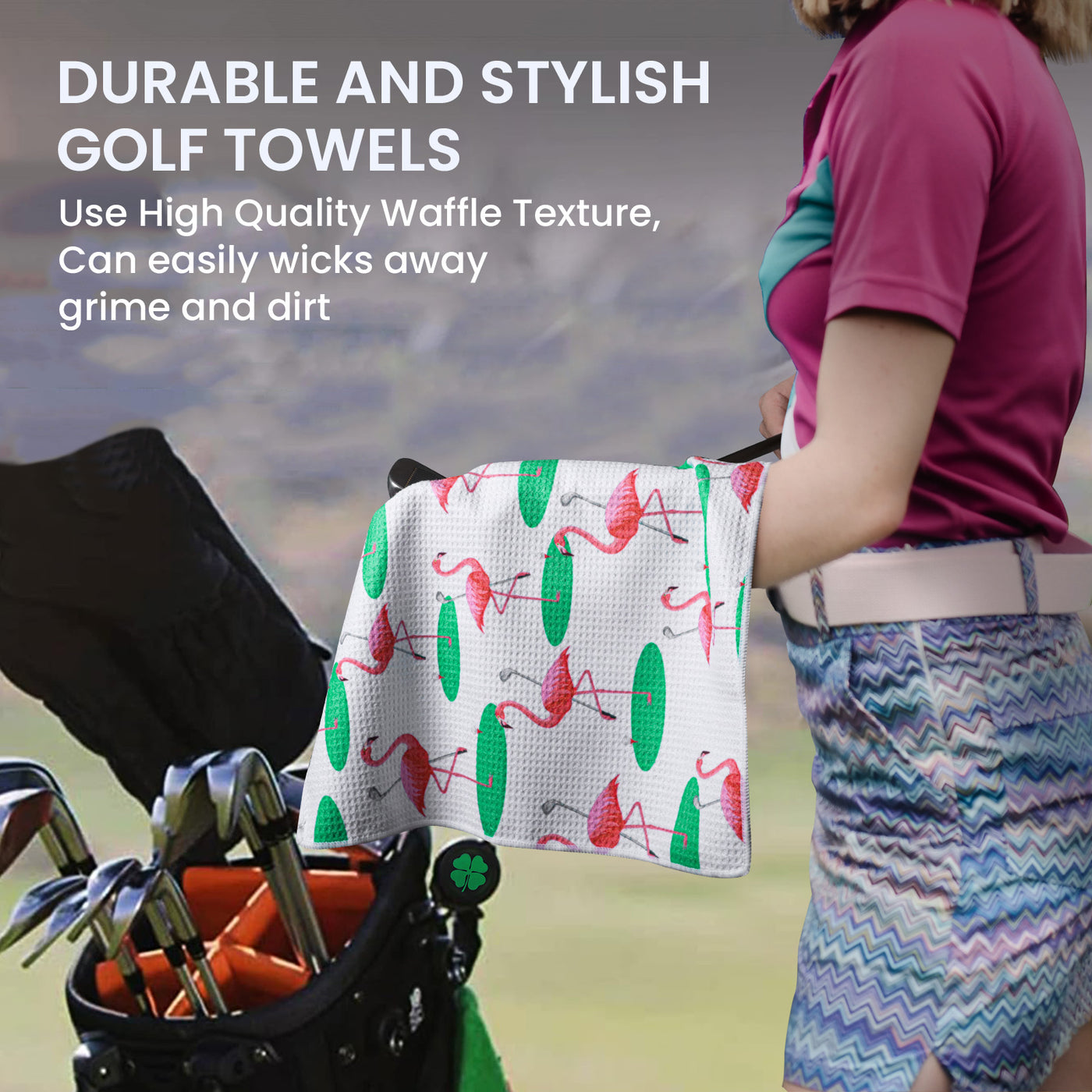 Golf Towels Flamingo Value 2 Pack 21"x16" and 12"x8" Set with Strong Magnetic Retractable Carabiner