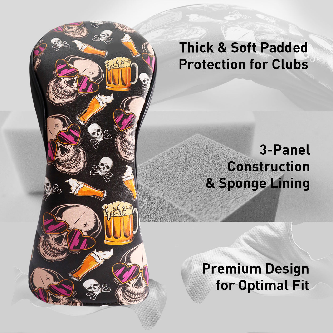 Golf Club Head Covers for Woods Driver Fairway Hybrid Beer Skull 3 Pack Set