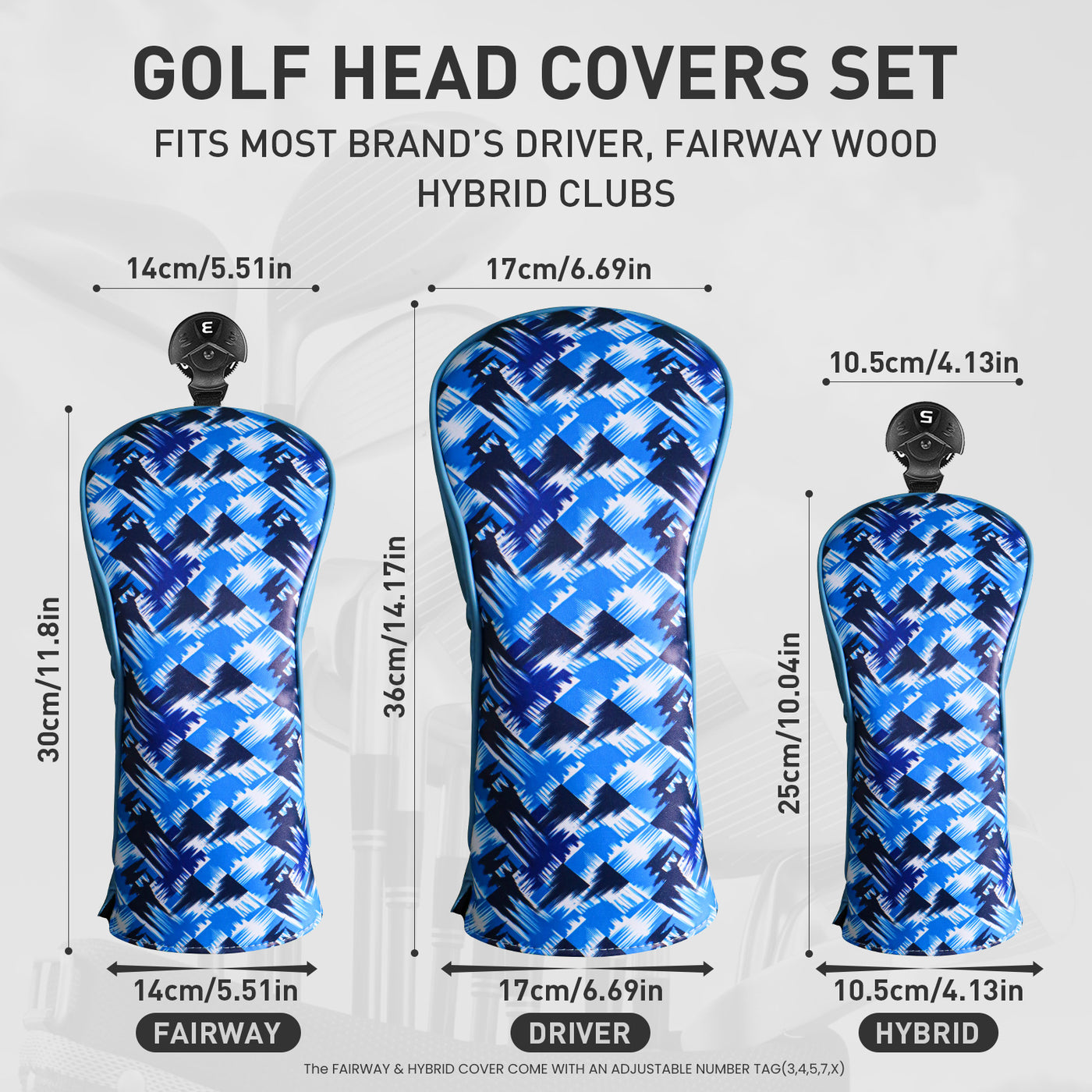 Golf Club Head Covers for Woods Driver Fairway Hybrid Royal Blue 3 Pack Set