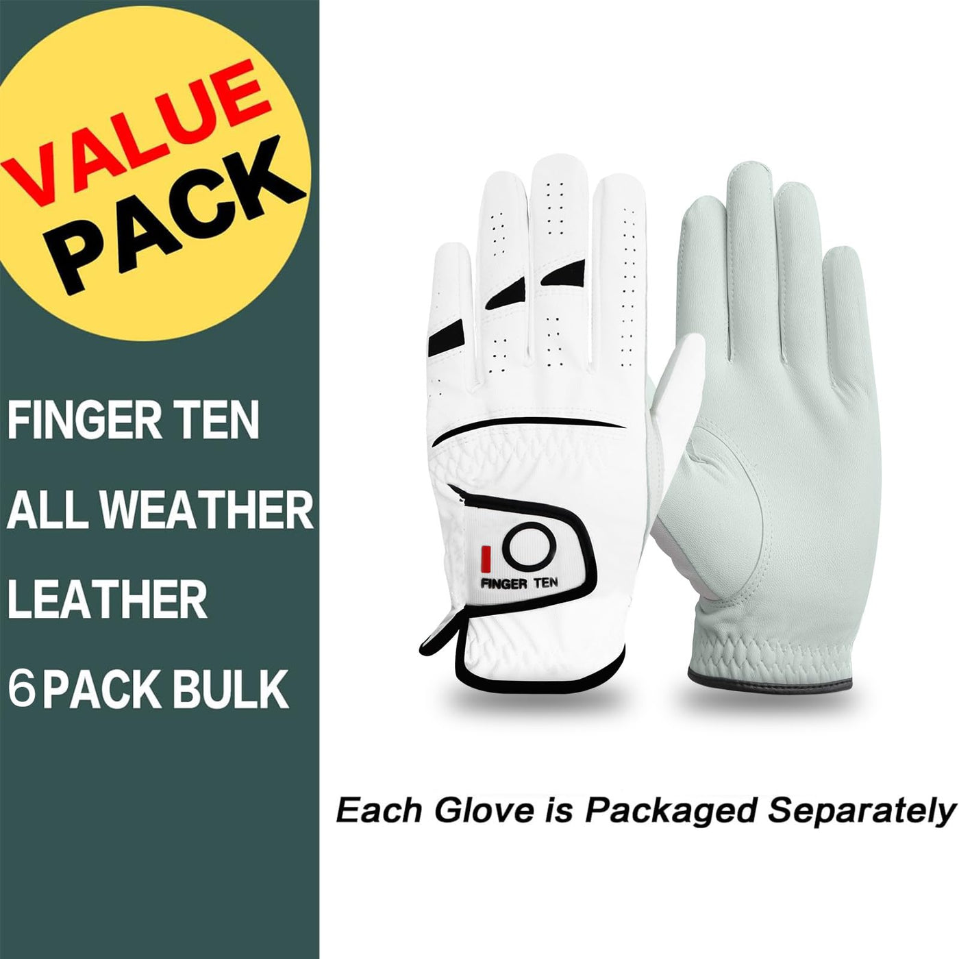 FINGER TEN Golf Gloves Men Right Left Handed Golfer Men’s Golf Glove Left Right Hand Value 3/6 Pack, All Weather Leather Grip Small Medium ML Large XL Size