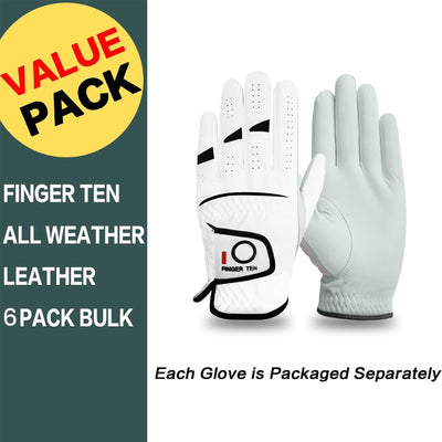 FINGER TEN Golf Gloves Men Right Left Handed Golfer Men’s Golf Glove Left Right Hand Value 3/6 Pack, All Weather Leather Grip Small Medium ML Large XL Size