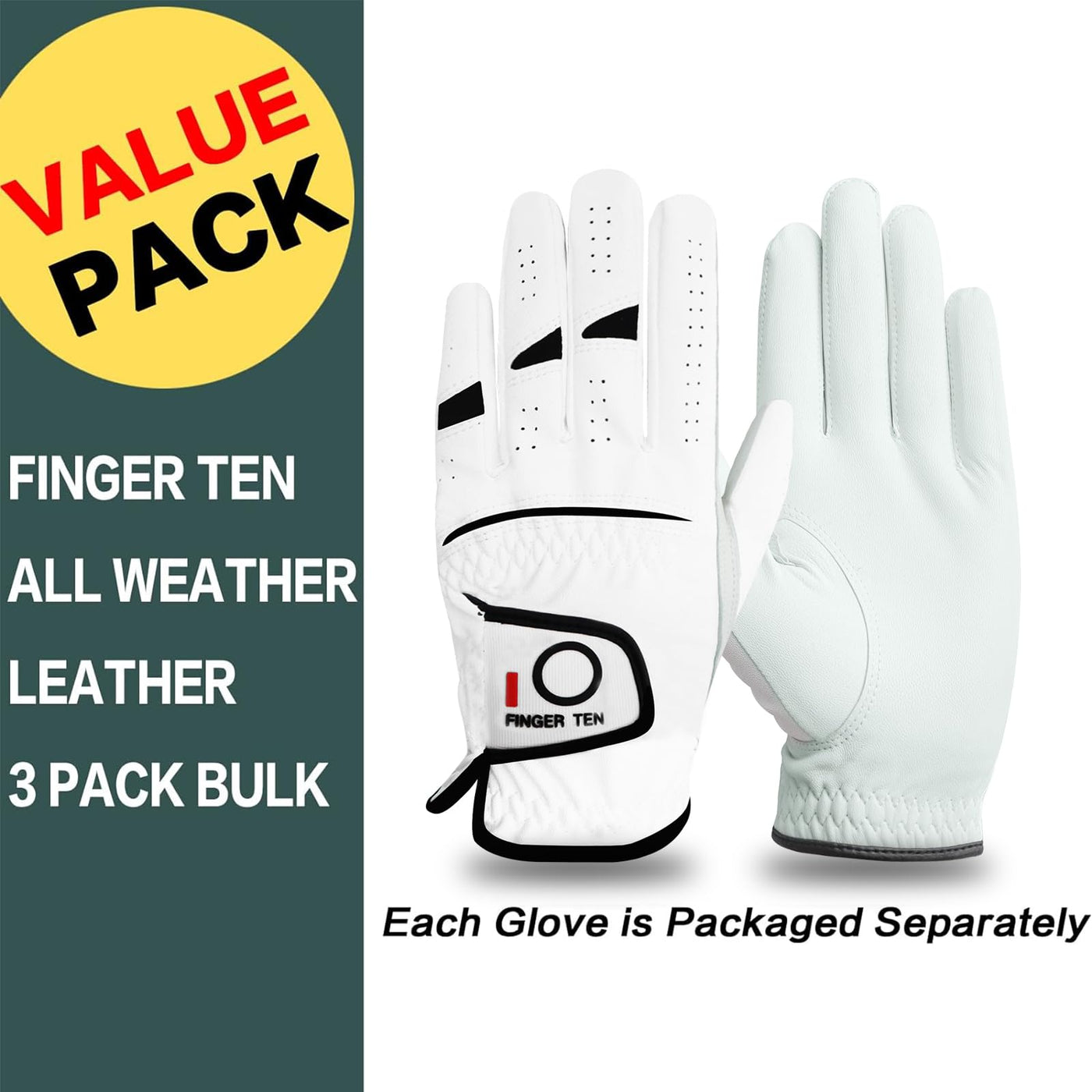 FINGER TEN Golf Gloves Men Right Left Handed Golfer Men’s Golf Glove Left Right Hand Value 3/6 Pack, All Weather Leather Grip Small Medium ML Large XL Size