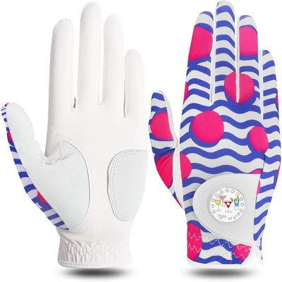 1 lot de gants de golf pour femme en cuir bleu rose avec marqueur de balle