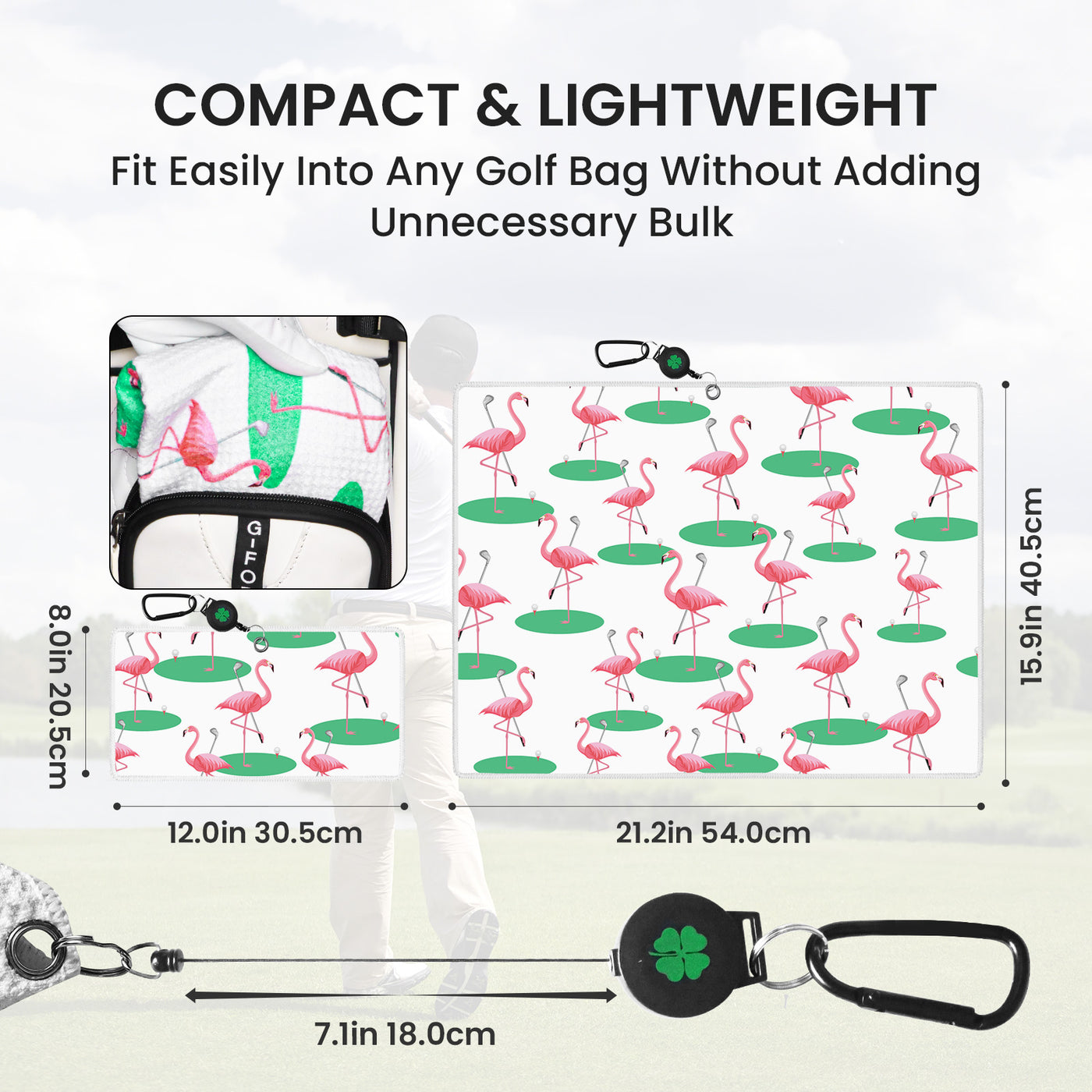 Golf Towels Flamingo Value 2 Pack 21"x16" and 12"x8" Set with Strong Magnetic Retractable Carabiner