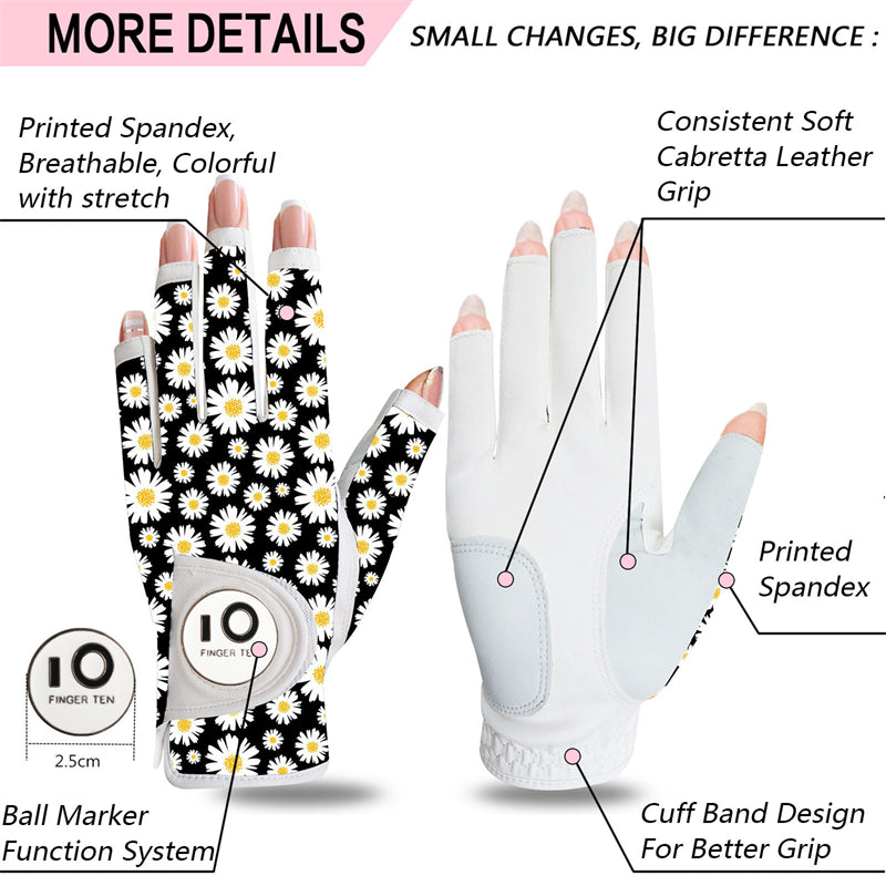 Golf Gloves Women Little Daisy Half Finger Leather with Ball Marker 1 Pack