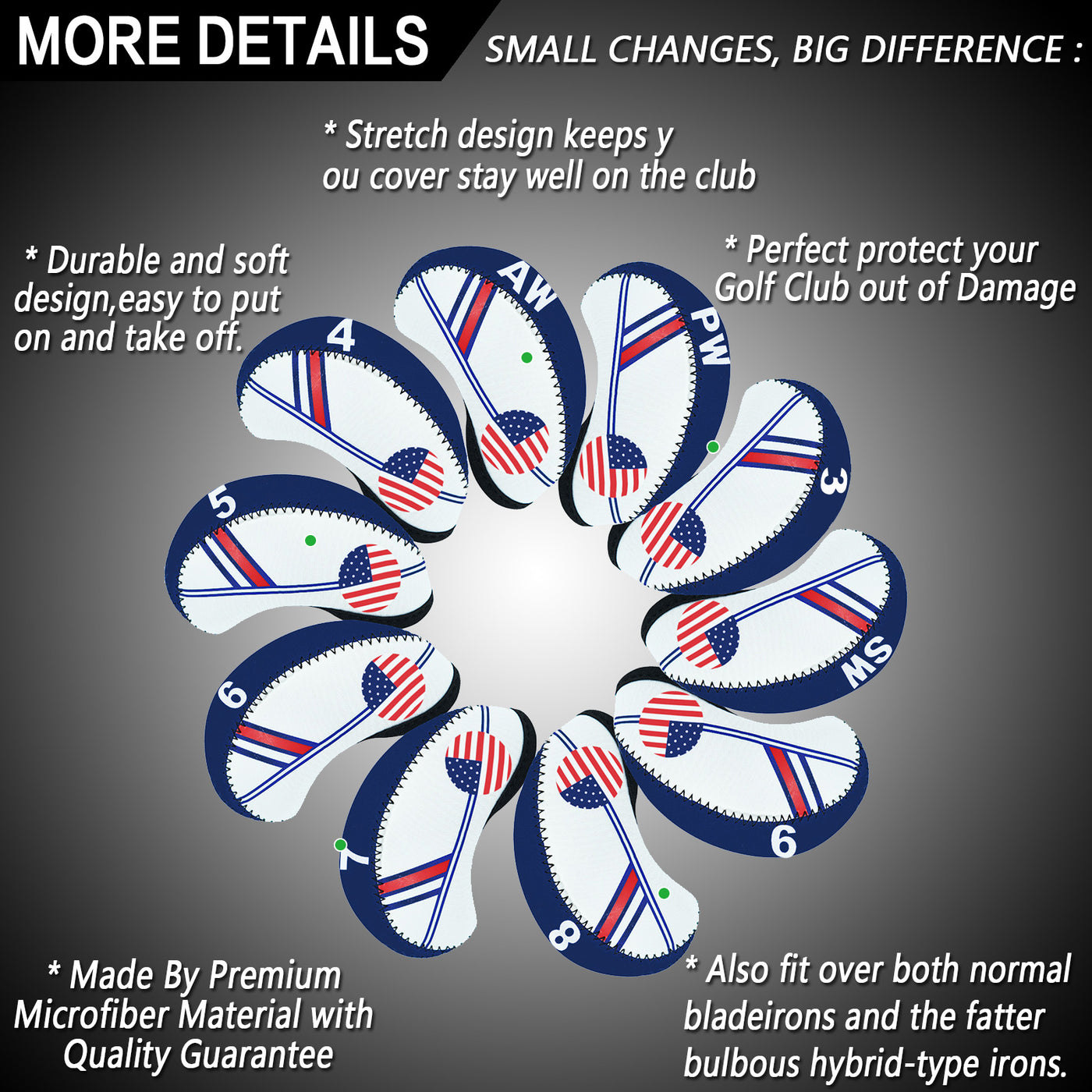 Golf Iron Covers Set Neoprene without Window Top 10 Pack USA Flag